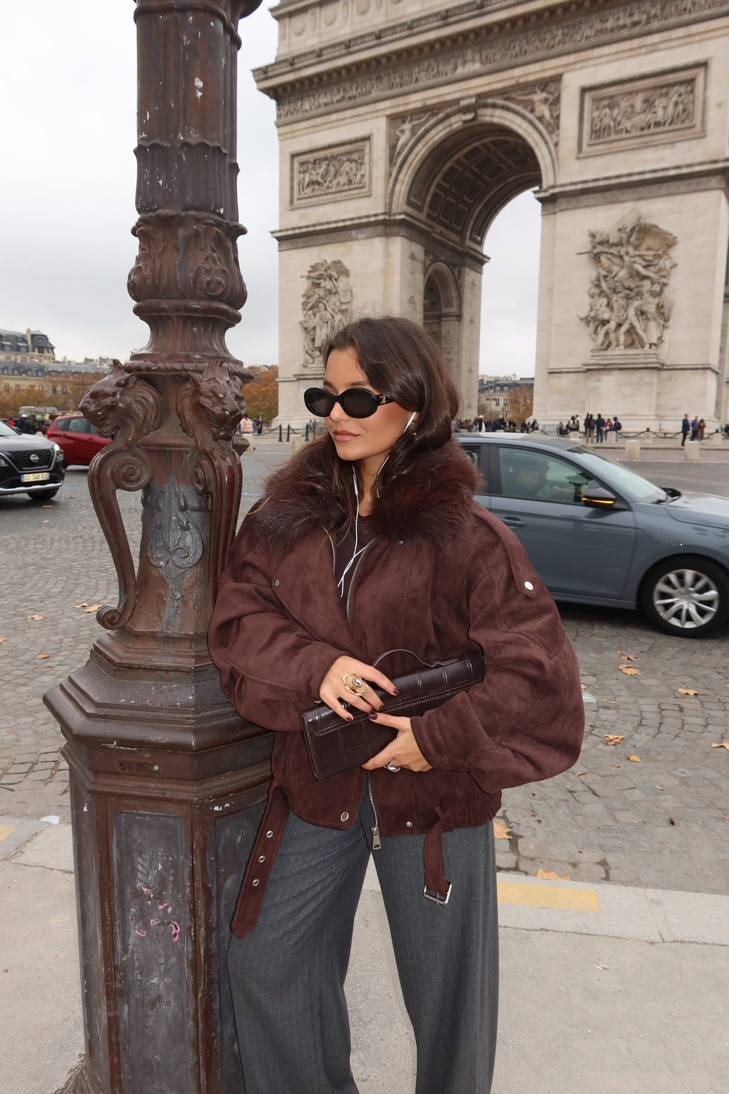 Inès Jacket With Fur Collar in Brown