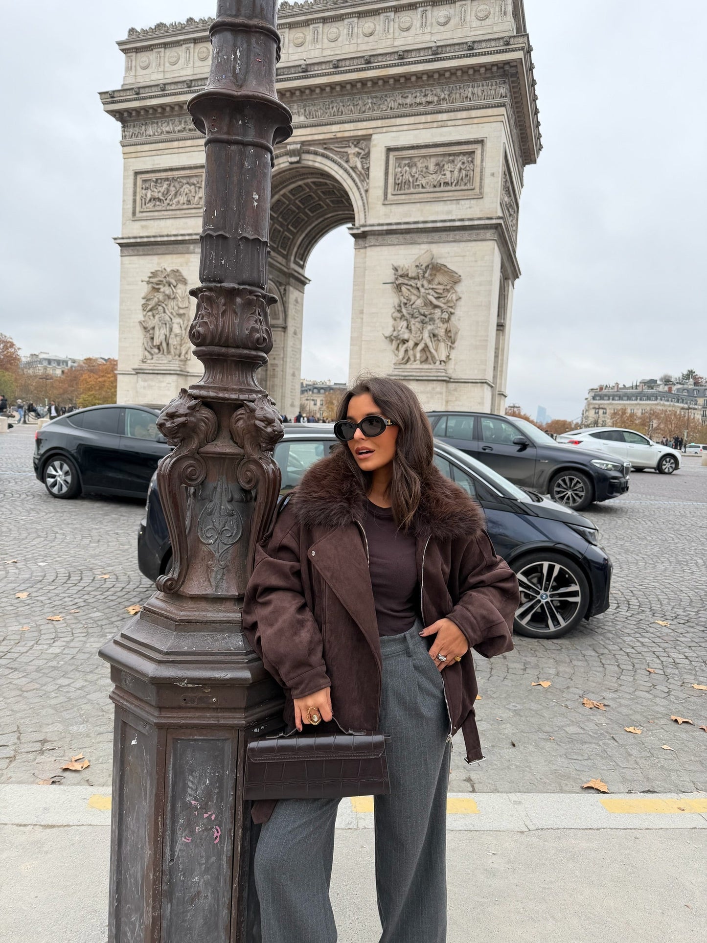 Inès Jacket With Fur Collar in Brown