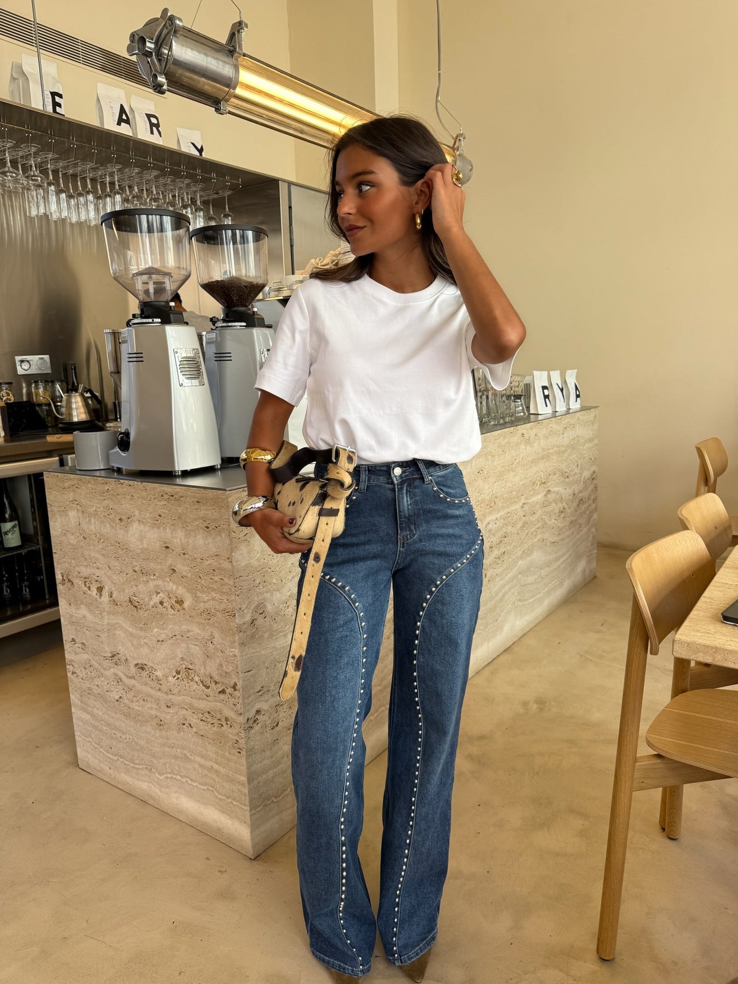 Wide Leg Denim Jeans Studded Details