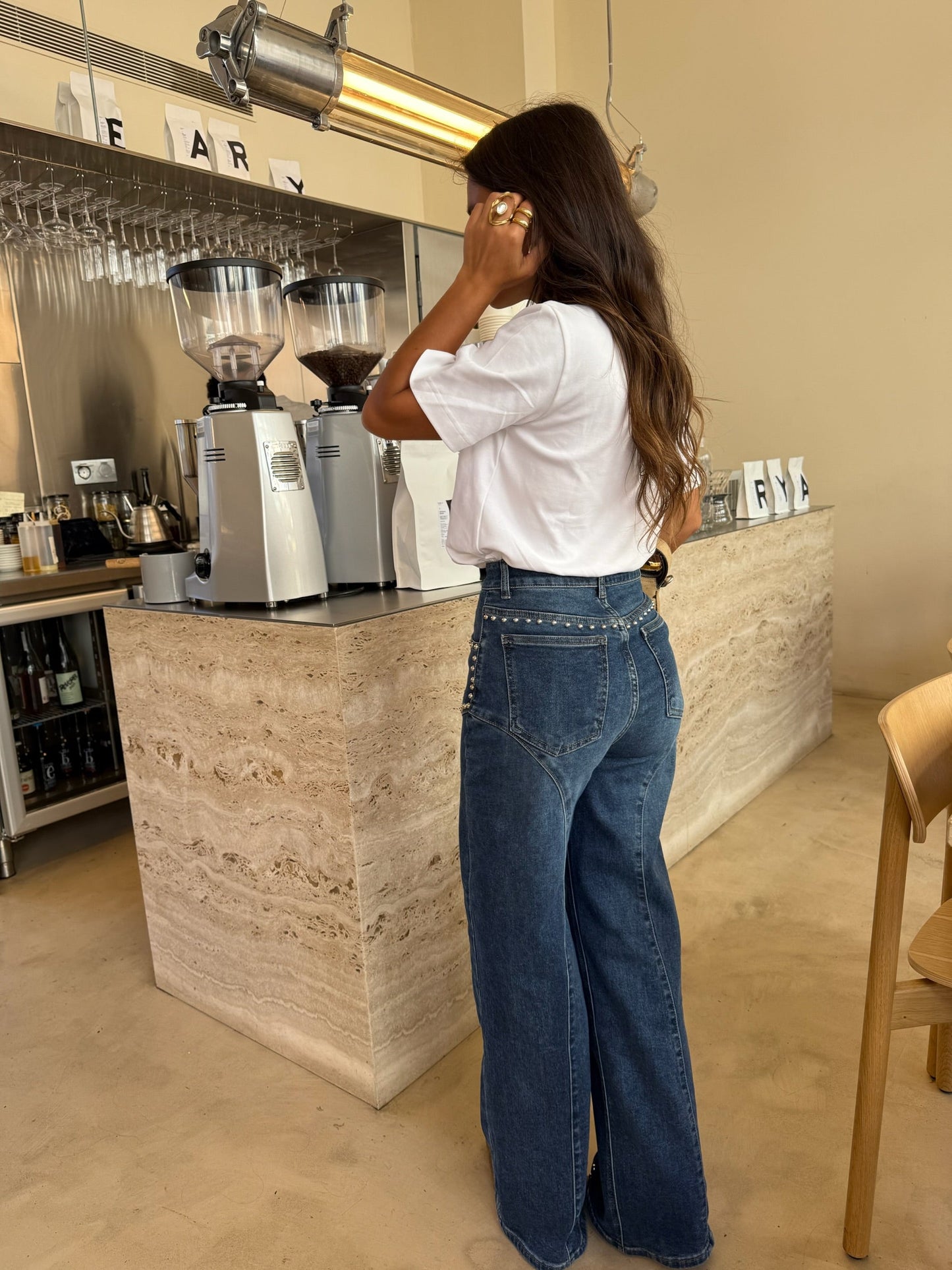 Wide Leg Denim Jeans Studded Details